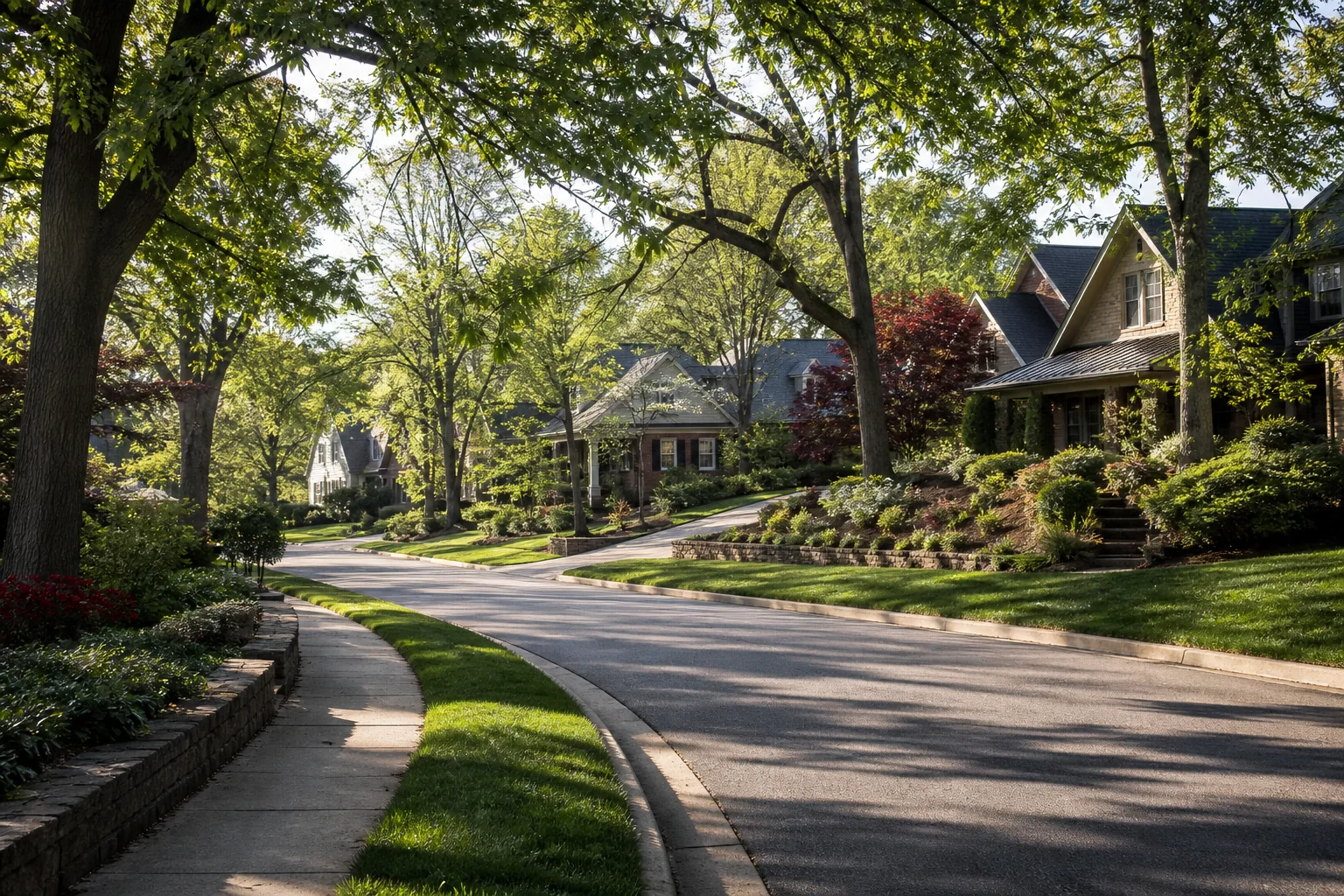 A quiet, tree-lined residential street with established homes in morning light